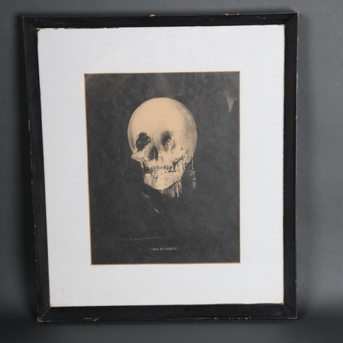 3107 - Curiosity/Macabre : 'All is Vanity', a framed monochrome print, a reflective thought, a lady seated ... 