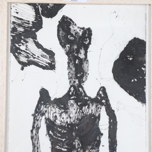 3112 - Mixed media study of a skeleton, signed F Santos, framed, 81.5cm x 28.5cm.