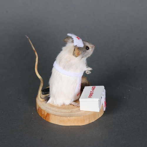 3142 - Taxidermy: “Nurse” Mouse.
An anthropomorphic full mount taxidermy grey and white mouse, mounted upri... 