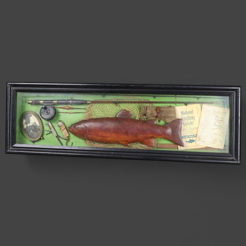 3158 - Fishing Interest - An Antique diorama, including a wooden sculpture of a Trout, fishing rod, ephemer... 