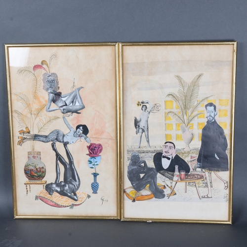 3160 - A pair of mixed media composition studies, monogrammed 'GA' and dated 1973, both framed and glazed, ... 