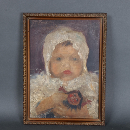 3169 - Curiosity/Macabre : An oil on canvas, child wearing bonnet, with demonic doll, indistinctly sign, to... 