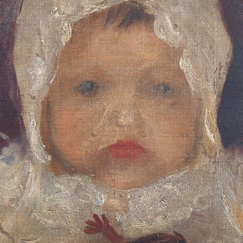 3169 - Curiosity/Macabre : An oil on canvas, child wearing bonnet, with demonic doll, indistinctly sign, to... 