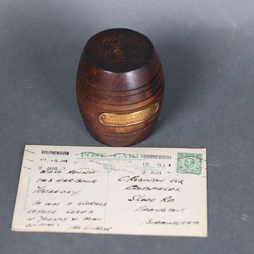 3217 - Curiosity/Macabre : Minature Barrel carved from a Piece of the bowsprit from Lord Nelson’s flagship ... 