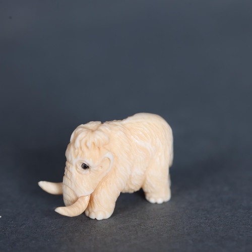 3229 - Netsuke: Mammoth carved from Mammoth tusk ivory with mammoth bone display base. Superb miniature car... 