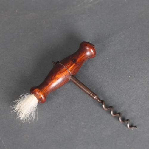 3230 - Unique Victorian Corkscrew with polar bear hair brush. Wood handled metal corkscrew from the 19th ce... 