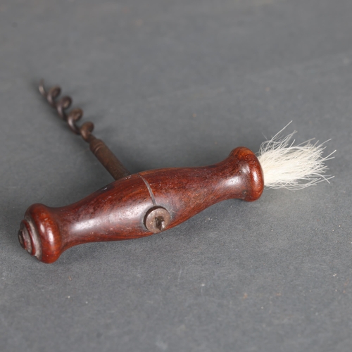 3230 - Unique Victorian Corkscrew with polar bear hair brush. Wood handled metal corkscrew from the 19th ce... 