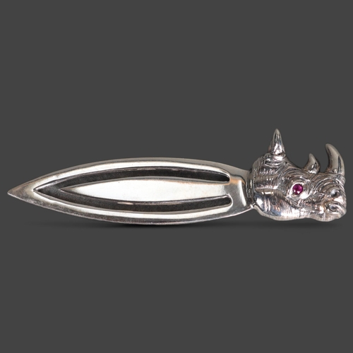 3248 - Natural History: Silver Rhino head bookmark with pink ruby chip eye. Marked sterling