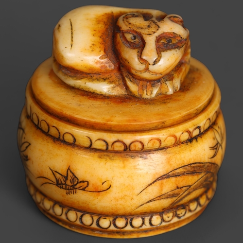 3264 - Carved Bone Pill Box with Cat curled up on lid. Hand carved bone small round box, either for pills o... 