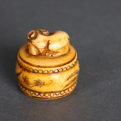 3264 - Carved Bone Pill Box with Cat curled up on lid. Hand carved bone small round box, either for pills o... 