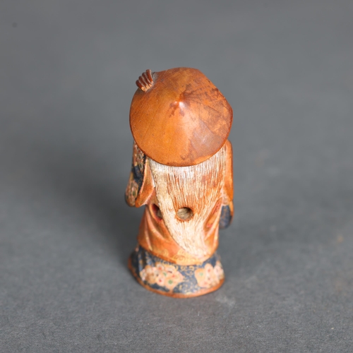 3267 - Netsuke: Japanese Polychrome Painted Boxwood Netsuke by Nagamachi Shuzan 
In the form of a robed, wh... 