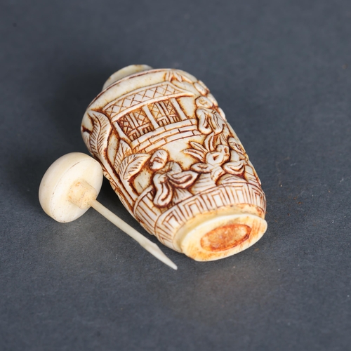 3269 - Chinese Carved Bone snuff bottle. Carved with monks, temples, trees and leaves.