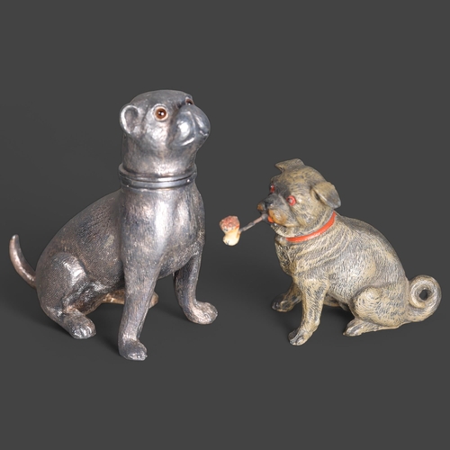 3280 - A vintage spelter nodding dog, smoking a pipe, unsigned, height 6cm, and a silver plated Pug peppere... 