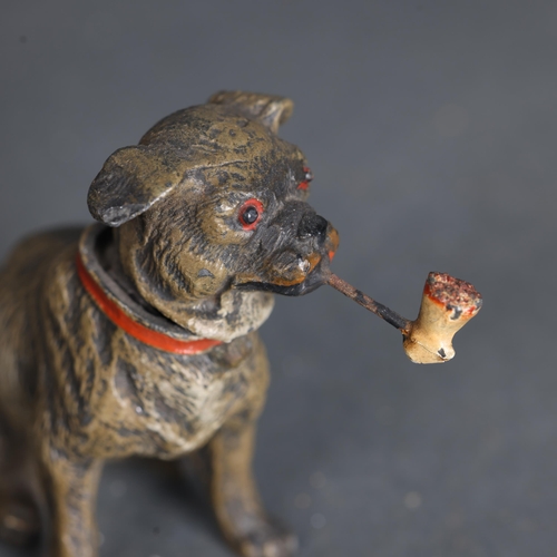 3280 - A vintage spelter nodding dog, smoking a pipe, unsigned, height 6cm, and a silver plated Pug peppere... 