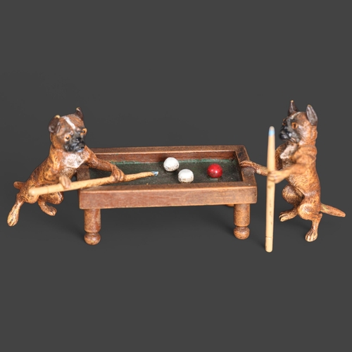 3281 - A cold painted bronze animalier group study of two Pug dogs playing billiards, marked to base 'KLL',... 