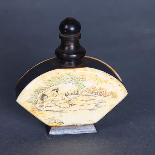 3285 - Chinese Erotic Bone Snuff Bottle. The body and lid made from horn with bone fascias with engraved sc... 