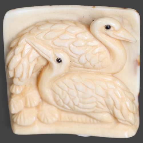 3295 - Netsuke : pair of Cranes, carved from Mammoth tusk ivory. Exquisitely carved from this ~15,000 year ... 