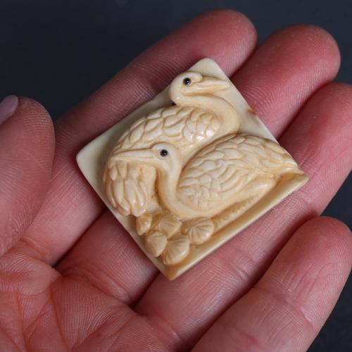 3295 - Netsuke : pair of Cranes, carved from Mammoth tusk ivory. Exquisitely carved from this ~15,000 year ... 