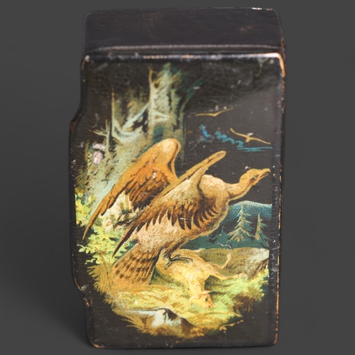 3302 - Russian Lacquerware Snuff Box, 19th century
Hand painted with a scene of an eagle mantling over it’s... 