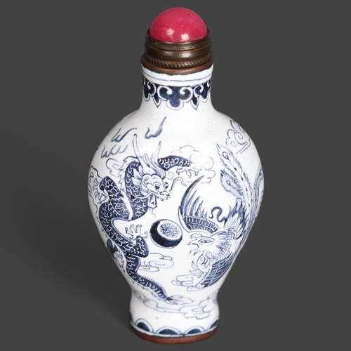 3306 - Chinese Metal Blue and White enamel Snuff Bottle. Metal, with Blue and white enamel. Depicting a dra... 