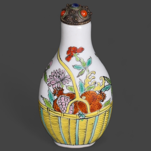 3307 - Chinese Snuff Bottle. White porcelain with painted decoration of a fruit basket with flowers; fruits... 