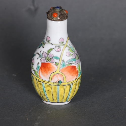 3307 - Chinese Snuff Bottle. White porcelain with painted decoration of a fruit basket with flowers; fruits... 