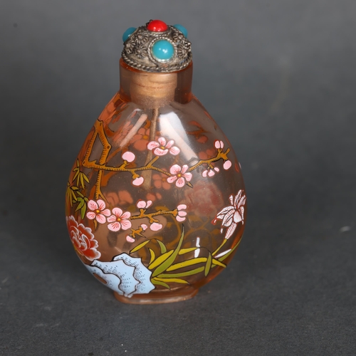 3308 - Chinese Snuff bottle. Peach clear glass with enamel decoration of cheery blossom and other flora. Th... 