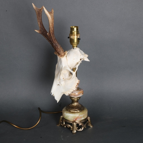 3362 - Taxidermy: Roe Deer Skull Lamp. The cranium with antlers mounted to a brass and green onyx marble ba... 