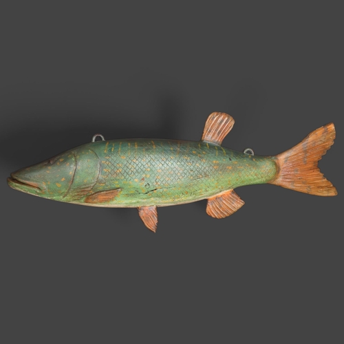 3392 - A carved and painted wood, study of a Pike, cast iron brackets for hanging, likely used as a Fishmon... 