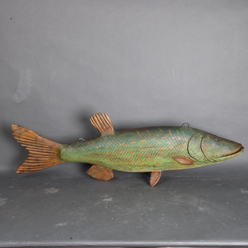 3392 - A carved and painted wood, study of a Pike, cast iron brackets for hanging, likely used as a Fishmon... 