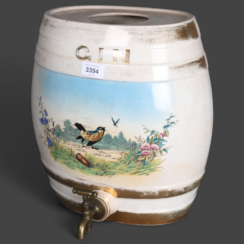 3394 - Gin Barrel, 19th century. A large ceramic gin barrel with hand painted naturalistic scene of bird, d... 