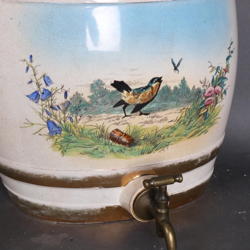 3394 - Gin Barrel, 19th century. A large ceramic gin barrel with hand painted naturalistic scene of bird, d... 