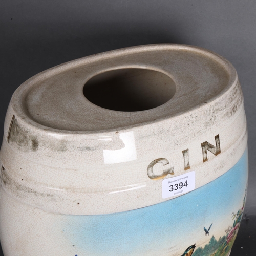 3394 - Gin Barrel, 19th century. A large ceramic gin barrel with hand painted naturalistic scene of bird, d... 