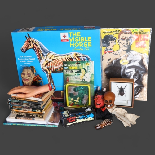 3395 - The Visible Horse Assembly kit, a collection of vintage fictional horror books, various puppets and ... 