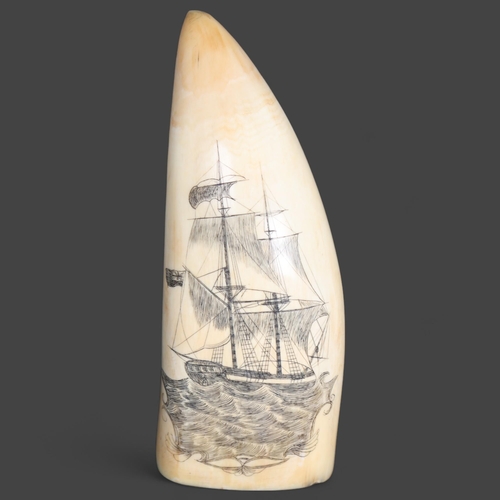 3419 - Natural History : Scrimshaw Whale Tooth, 19th century.
A large polished sperm whale tooth with carve... 