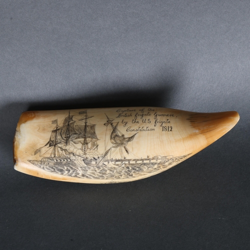 3420 - Natural History : Scrimshaw Whale Tooth, 19th century.
A large polished sperm whale tooth with carve... 