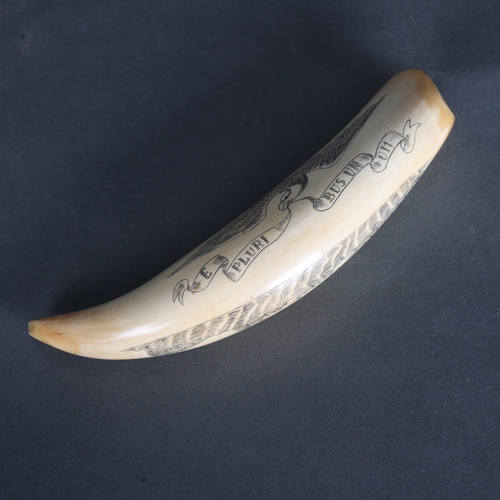 3421 - Natural History :  Scrimshaw Whale Tooth, 19th century.
A large polished sperm whale tooth with carv... 