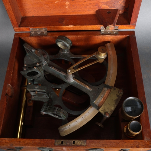 3444 - A Antique brass sextant, numbered 8893, makers marks rubbed and undecipherable, in original wooden c... 