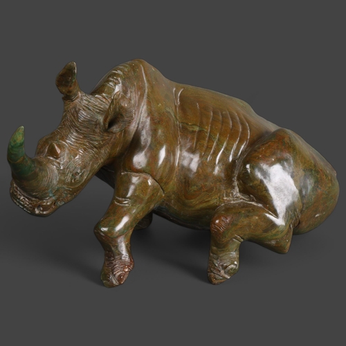 3491 - Natural History : African verdite rhino sculpture, unsigned, length approx 39cm