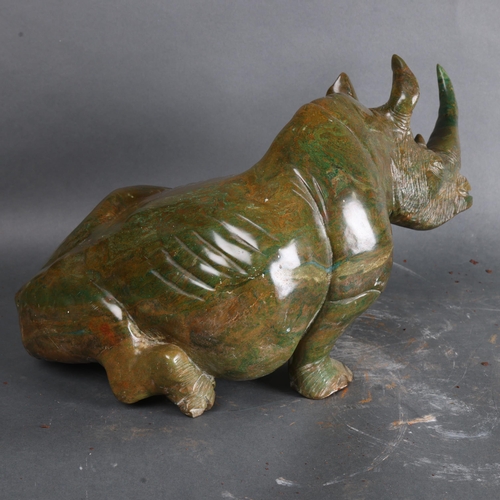 3491 - Natural History : African verdite rhino sculpture, unsigned, length approx 39cm