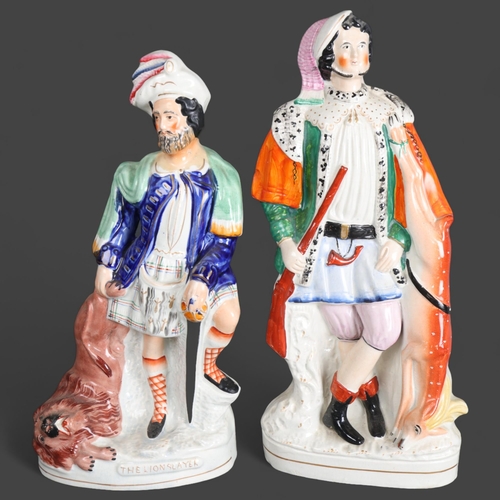 3493 - Two Victorian Staffordshire Hunting figures, 'The Lion Slayer', height 42cm, and another, (2).