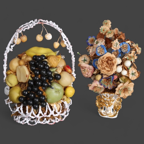 3521 - Wax work Basket and Silk Flower Arrangement, 19th century.
A pair of Victorian displays. A wax work ... 