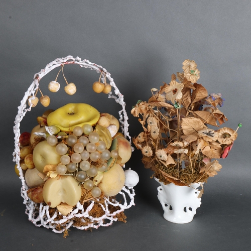 3521 - Wax work Basket and Silk Flower Arrangement, 19th century.
A pair of Victorian displays. A wax work ... 