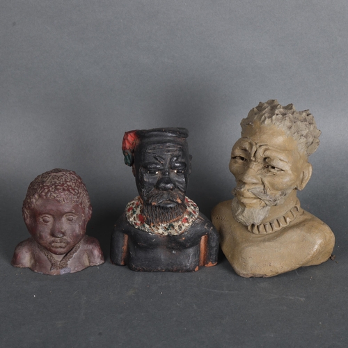 3528 - Hezekiel Ntuli, an African terracotta bust, signed, and 2 other similar unsigned and a tribal terrac... 