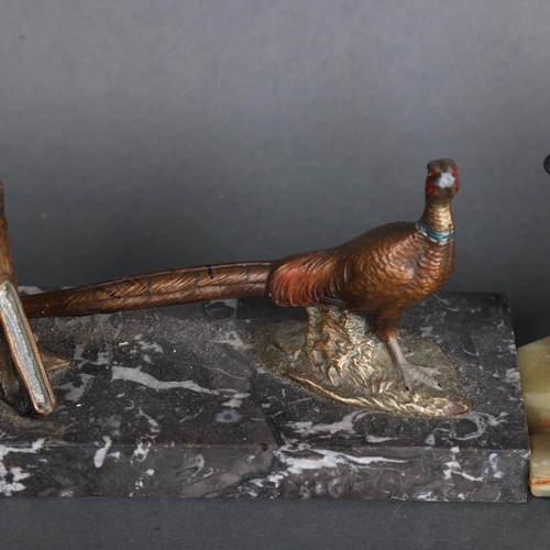 3531 - An early 20th Century deskstand with a painted spelter pheasant and tree stump design striker, width... 