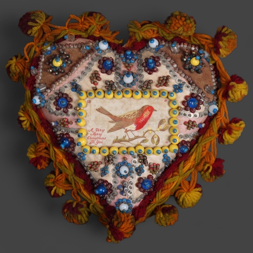 3533 - Curiosity: Sweetheart Pillow Pin Cushion 
A highly decorative example of its type. With copious glas... 