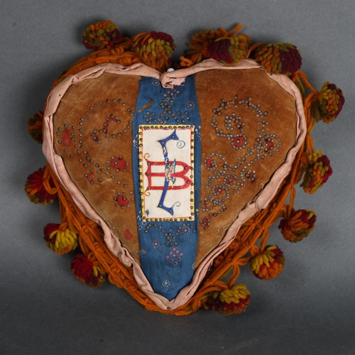 3533 - Curiosity: Sweetheart Pillow Pin Cushion 
A highly decorative example of its type. With copious glas... 