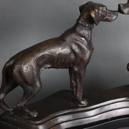 3537 - A cast bronze group, two Hunting dogs on a shaped black marble plinth, unsigned, length 50cm.