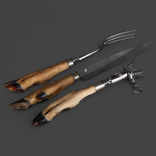 3543 - Taxidermy: Deer Hoof handled Meat Carving Cutlery set. The hooves from a roe deer. Comprising a carv... 