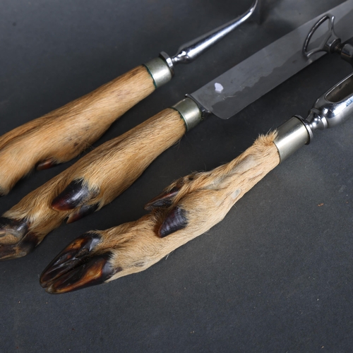 3543 - Taxidermy: Deer Hoof handled Meat Carving Cutlery set. The hooves from a roe deer. Comprising a carv... 